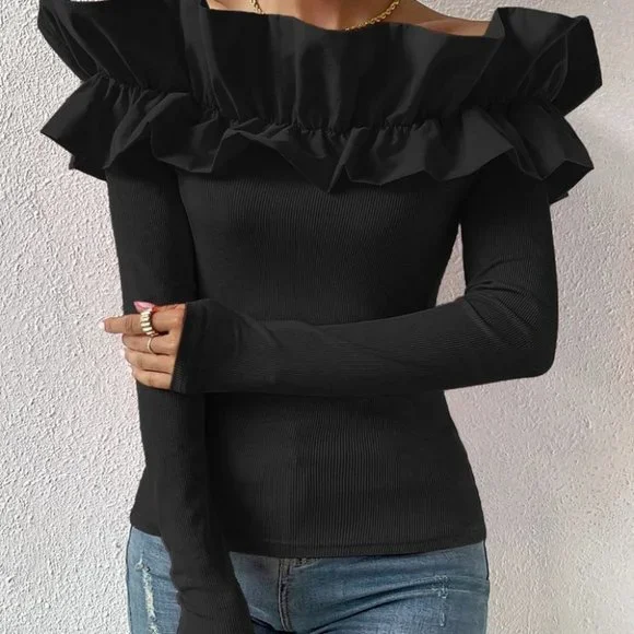 Black Preppy Womens off shoulder blouse top - Picture 4 of 5